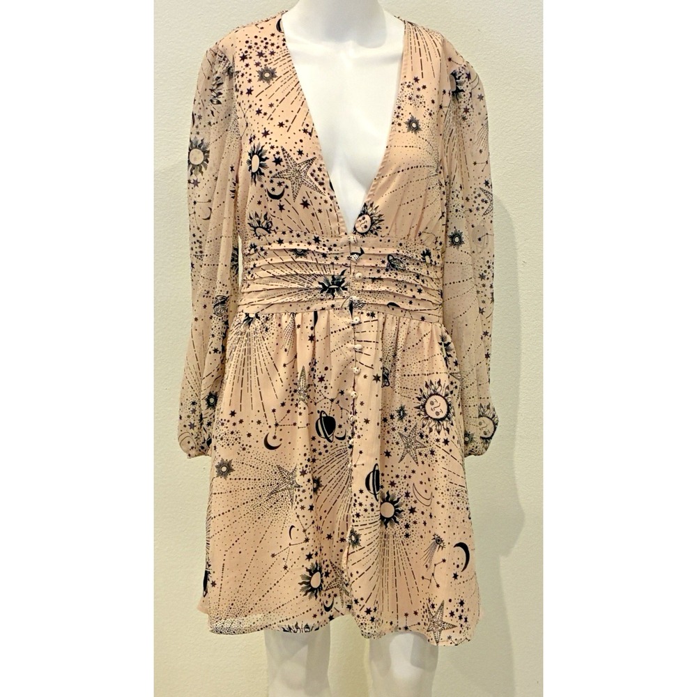 Nasty Gal Pink Chiffon Witchy Babydoll Deep Plunge Mini Dress Sz 6 Festival Rare